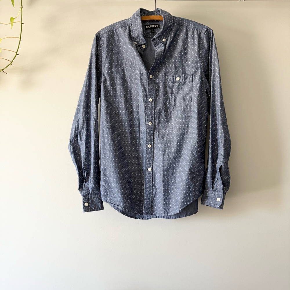 Vintage Express Polka Dot‎ Casual Button Down Shirt Blue Small